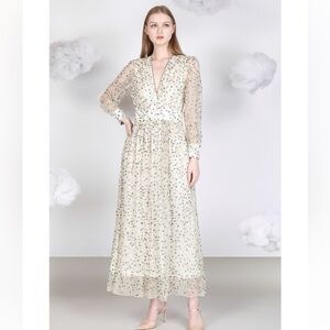 NWT Blank London Phileena Ivory Grey Metallic Wrap Maxi Dress Medium Reg. $372